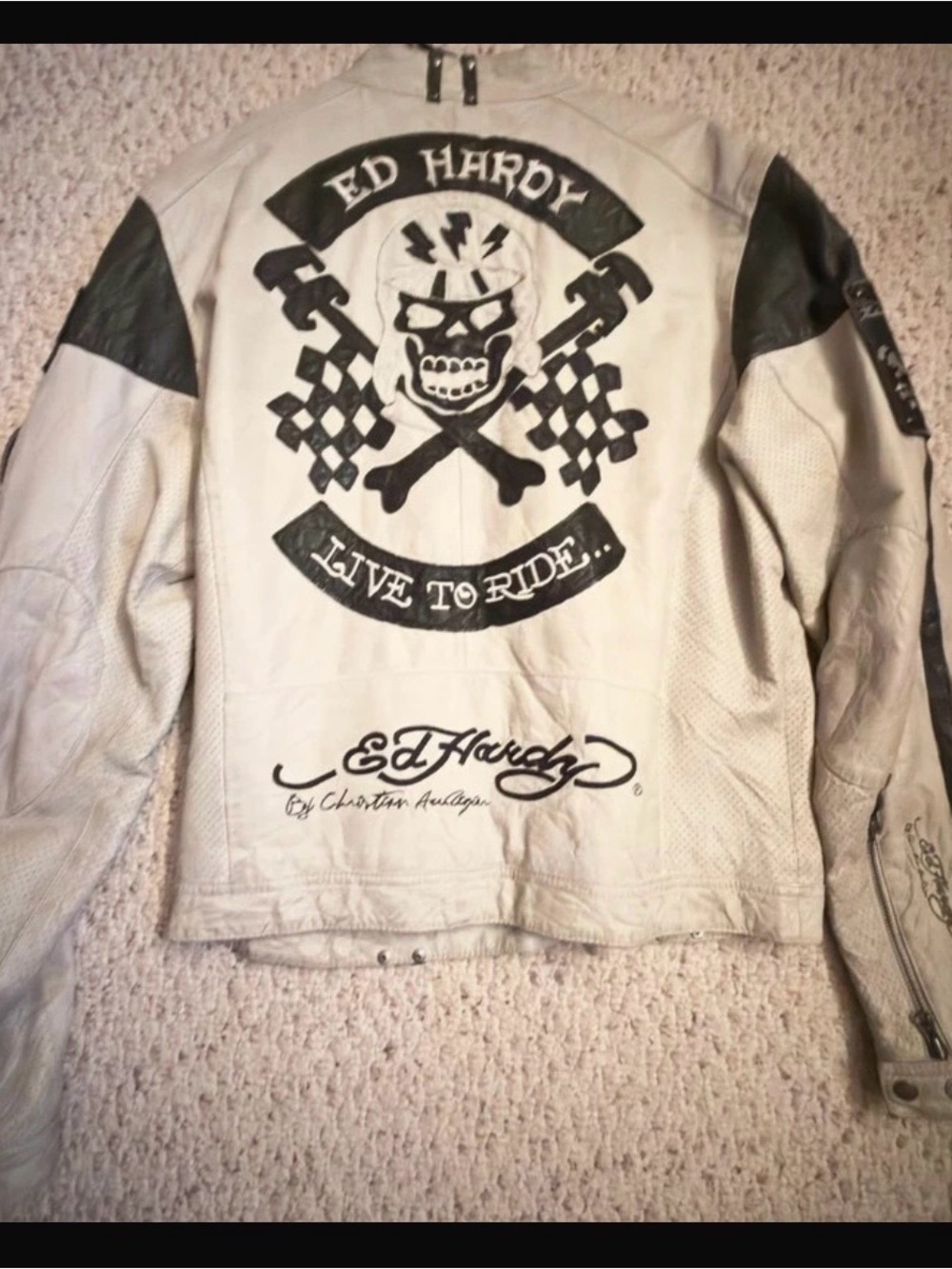 Ed Hardy Cream and Black Leather 'Live to Ride' Bomber Jacket